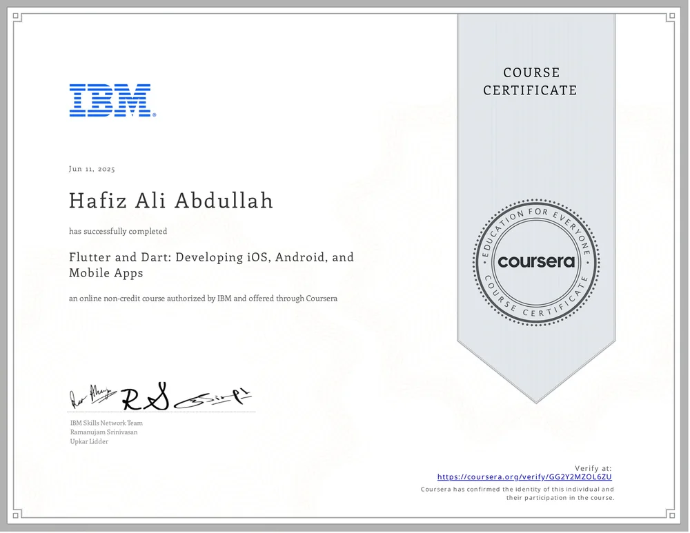 IBM and Coursera certificate for Flutter and Dart mobile app development